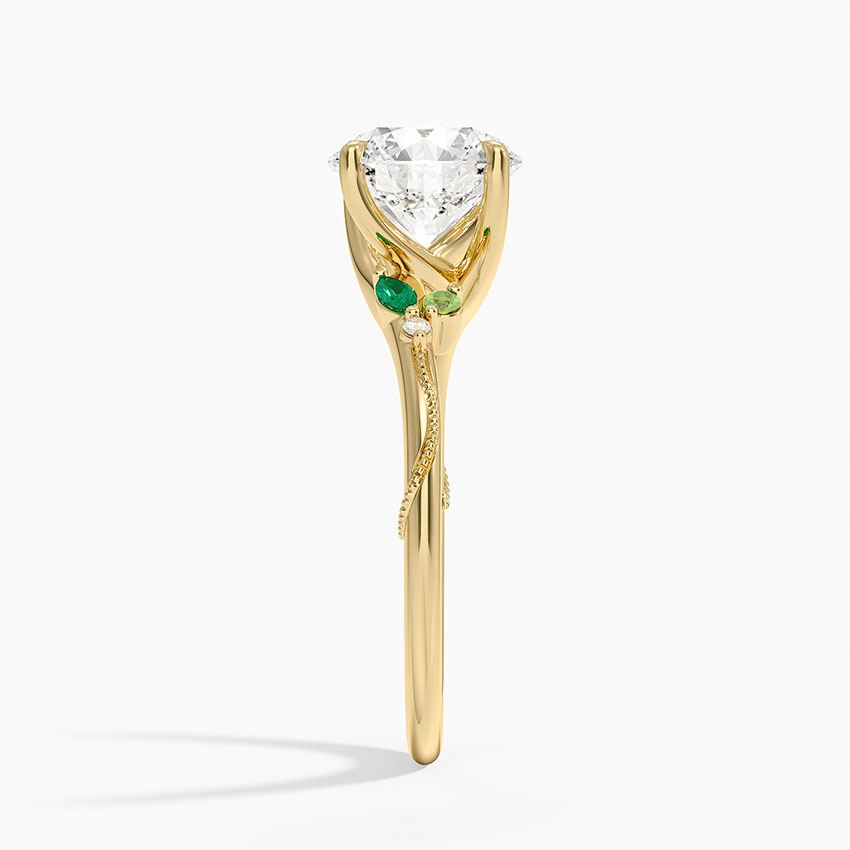 Round Cut Moissanite Engagement Ring with Green Accent Stones, Nature Inspired Leaf Design Ring, Promise Ring for Women