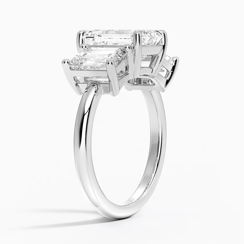 Emerald Cut Three Stone Diamond Ring, Step Cut Trilogy Engagement Ring, Minimalist Luxury Statement Ring