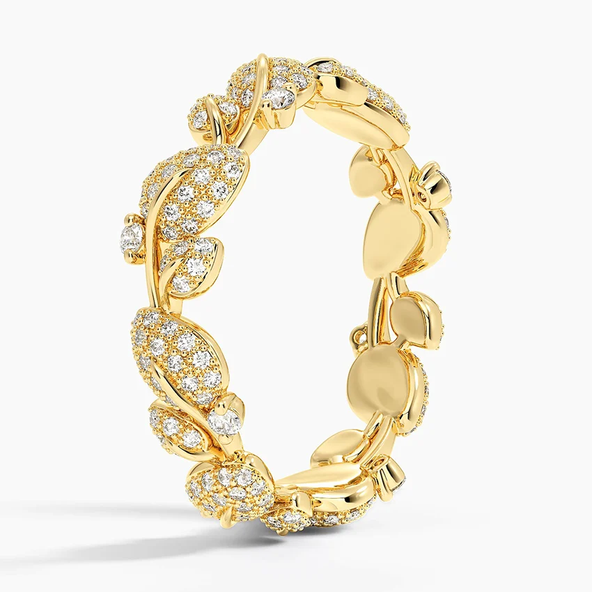 Luxury Diamond Eternity Band Ring, Pavé Leaf Vine Wedding Band, Solid Gold Anniversary Ring