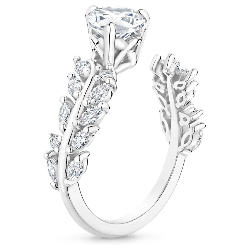Round Cut Diamond Engagement Ring, Nature Inspired Leaf Vine Ring, Marquise & Round Side Stone Ring