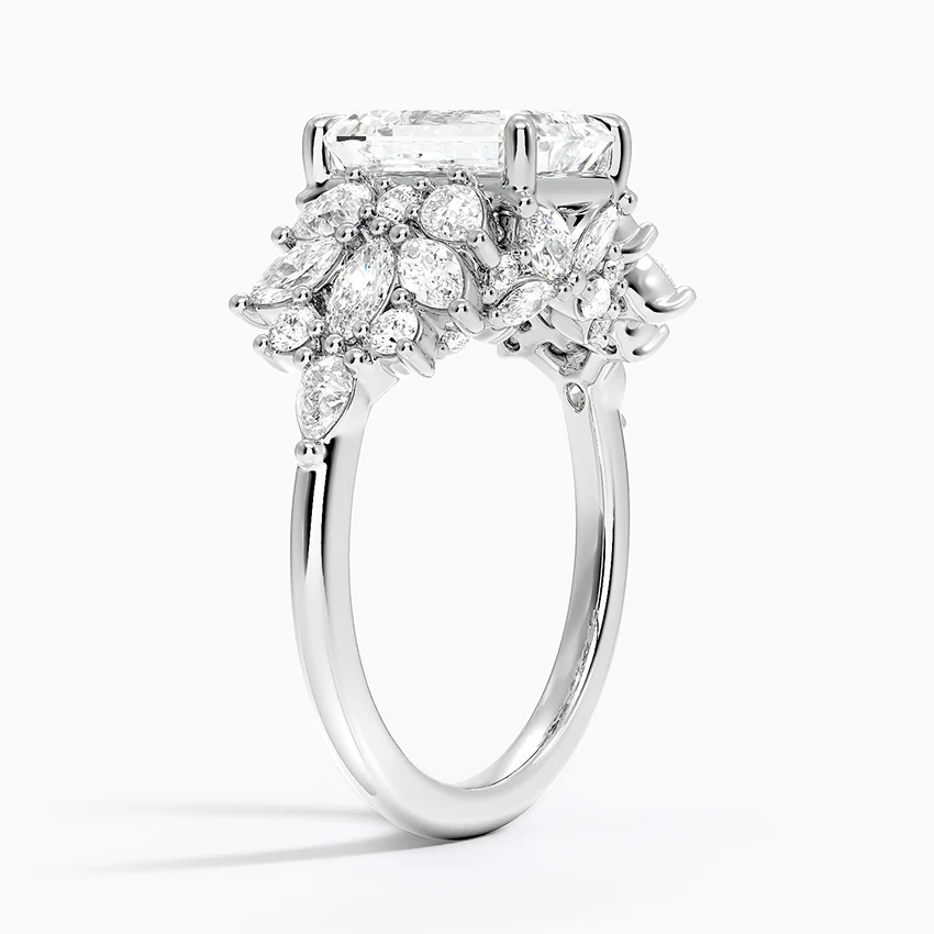 Emerald Cut Moissanite Engagement Ring, Floral Cluster Diamond Ring, Vintage Inspired Statement Ring