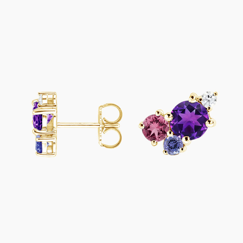 Amethyst, Pink Tourmaline & Blue Sapphire Cluster Stud Earrings