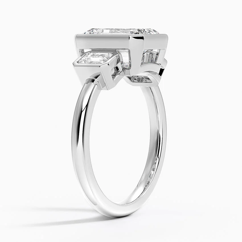 Emerald Cut Diamond Engagement Ring, Bezel Set Three Stone Ring, Step Cut Side Stones