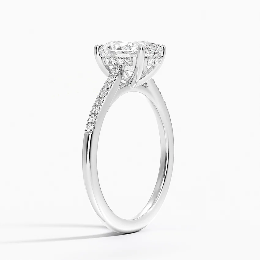 Oval Cut Diamond Engagement Ring, Pave Band Solitaire Ring, Minimalist Bridal Ring