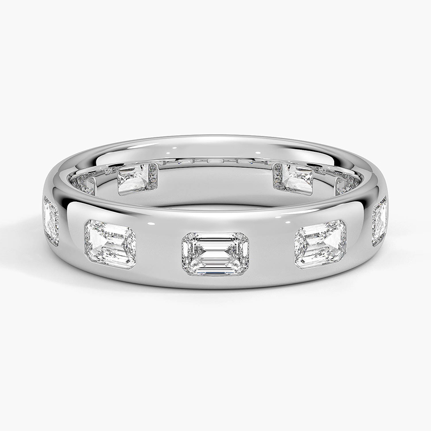 Emerald Cut Diamond Band Ring, Bezel Set Diamond Wedding Band, Wide Gold Ring