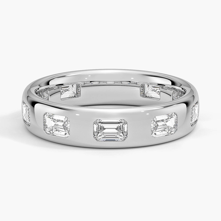 Emerald Cut Diamond Band Ring, Bezel Set Diamond Wedding Band, Wide Gold Ring