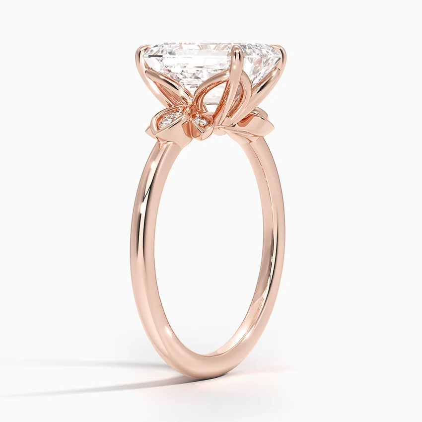 Emerald Cut Moissanite Engagement Ring with Leaf Accent, Nature Inspired Floral Ring