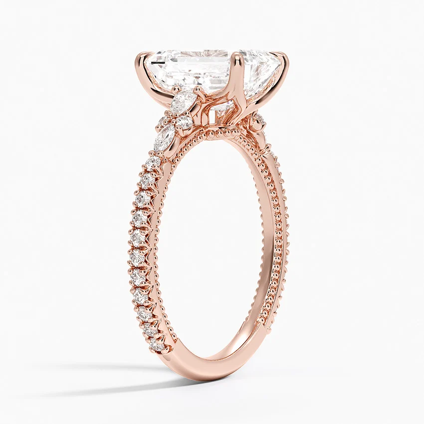 Vintage Inspired Round Cut Moissanite Engagement Ring, 3 Stone Diamond Ring, Hidden Halo Ring