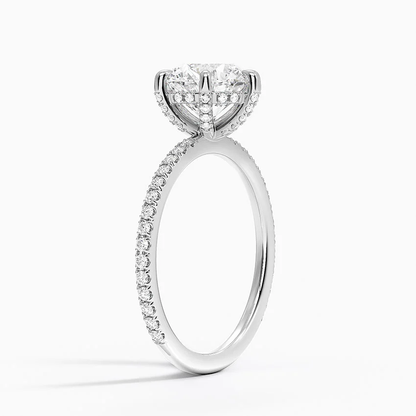 Round Cut Moissanite Engagement Ring, 6 Prong Solitaire Ring, Pave Diamond Band