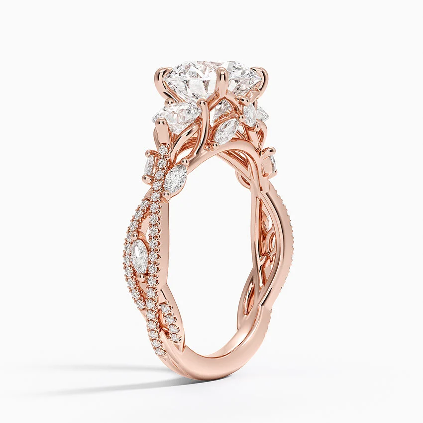 Three Stone Round Diamond Engagement Ring, Twisted Pavé Band Ring, Vintage Inspired Promise Ring