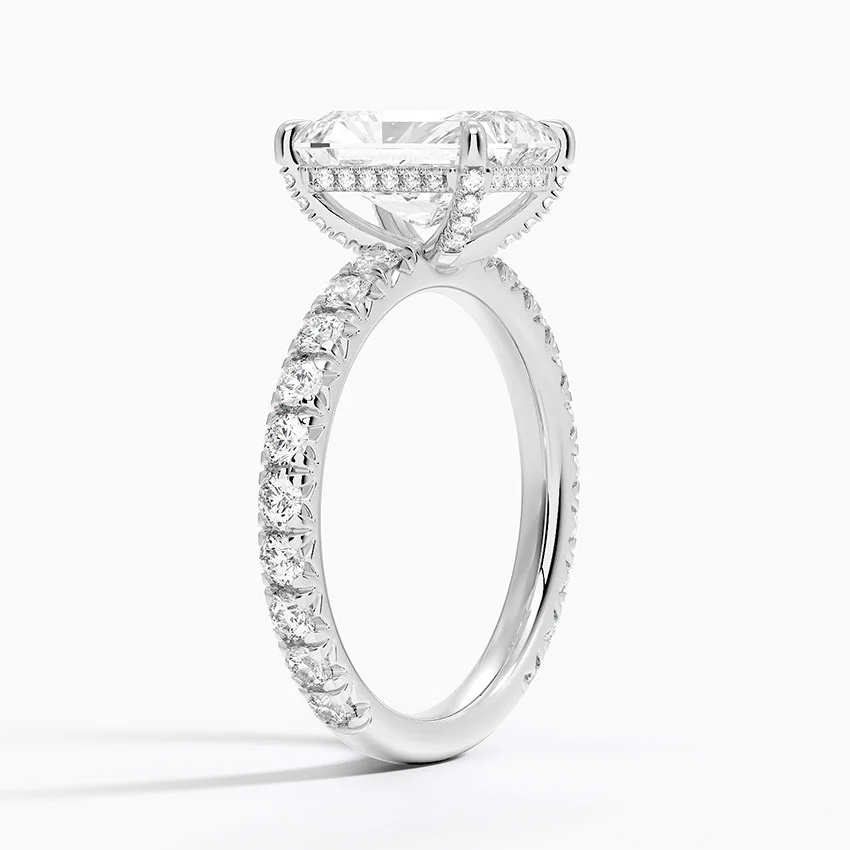 Radiant Cut Diamond Engagement Ring, Hidden Halo Pavé Band Ring, Bridal Proposal Ring