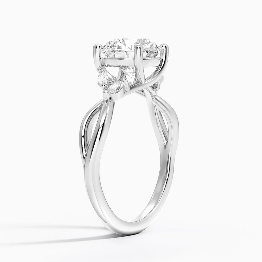 Round Cut Moissanite Engagement Ring, Infinity Twist Band Ring, Marquise Side Stone Ring, Solid Gold Promise Ring for Women