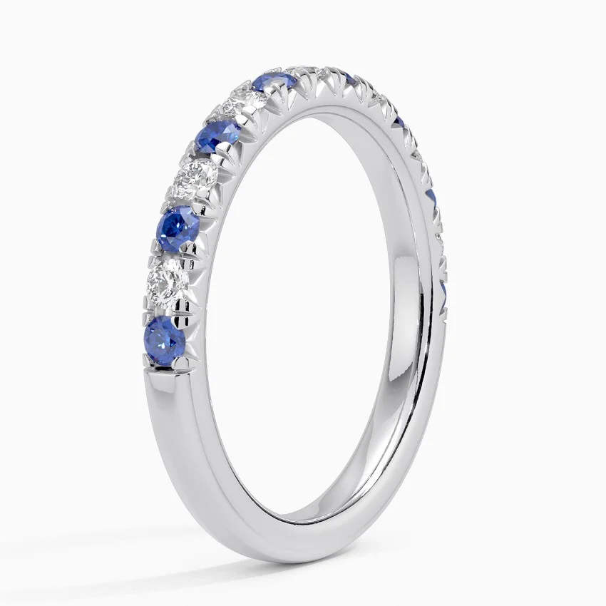 Blue Sapphire & Diamond Eternity Band Ring, Alternating Gemstone Wedding Band, Stackable Anniversary Ring