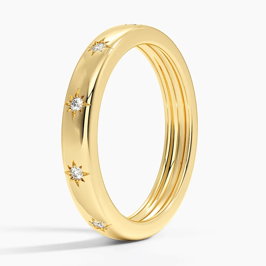 Minimalist Star Diamond Band Ring, Solid Gold Celestial Wedding Band, Dainty Diamond Stackable Ring