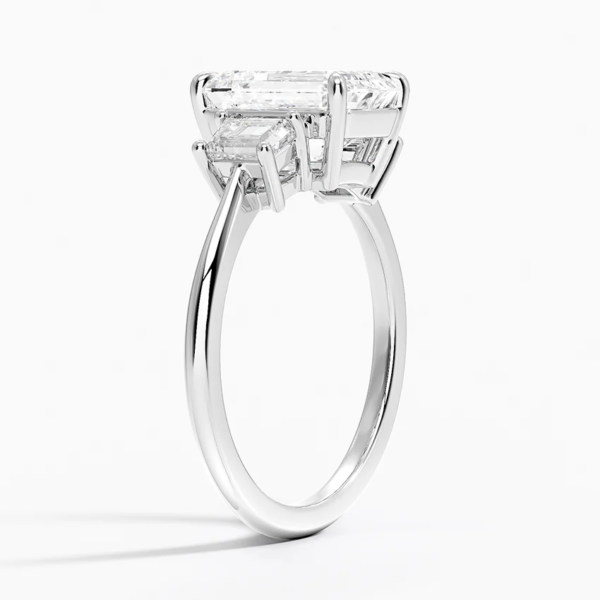 Emerald Cut Diamond Engagement Ring, Three Stone Diamond Ring, Emerald Cut Center with Side Baguettes