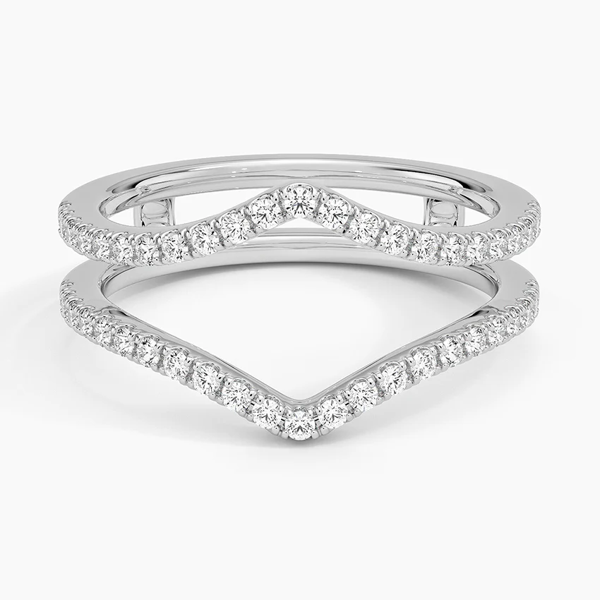 Chevron Diamond Wedding Band Set, V Shape Stackable Ring, Curved Diamond Ring Guard