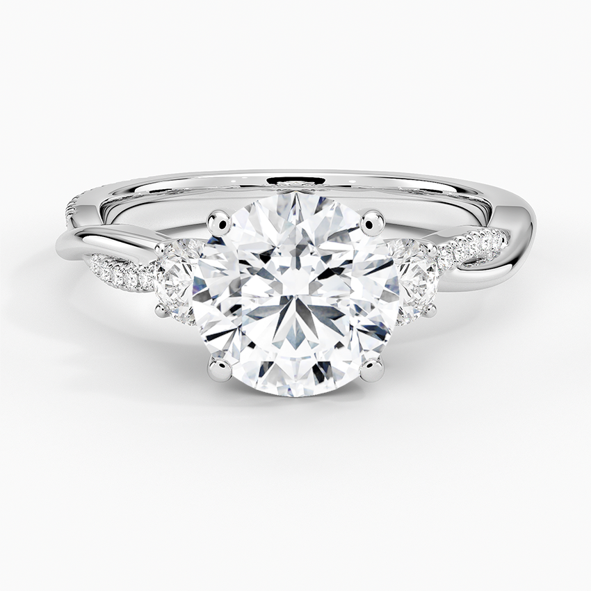 Round Cut Diamond Engagement Ring, Twisted Three Stone Ring, Pavé Band Promise Ring