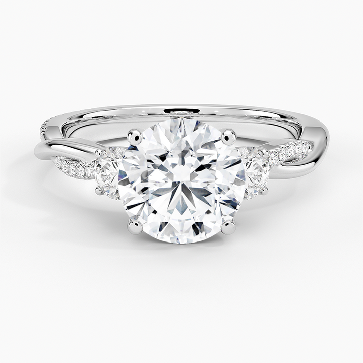 Round Cut Diamond Engagement Ring, Twisted Three Stone Ring, Pavé Band Promise Ring