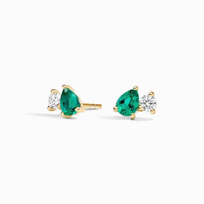 Emerald & Diamond Teardrop Stud Earrings, Pear Cut Green Gemstone Minimal Earrings