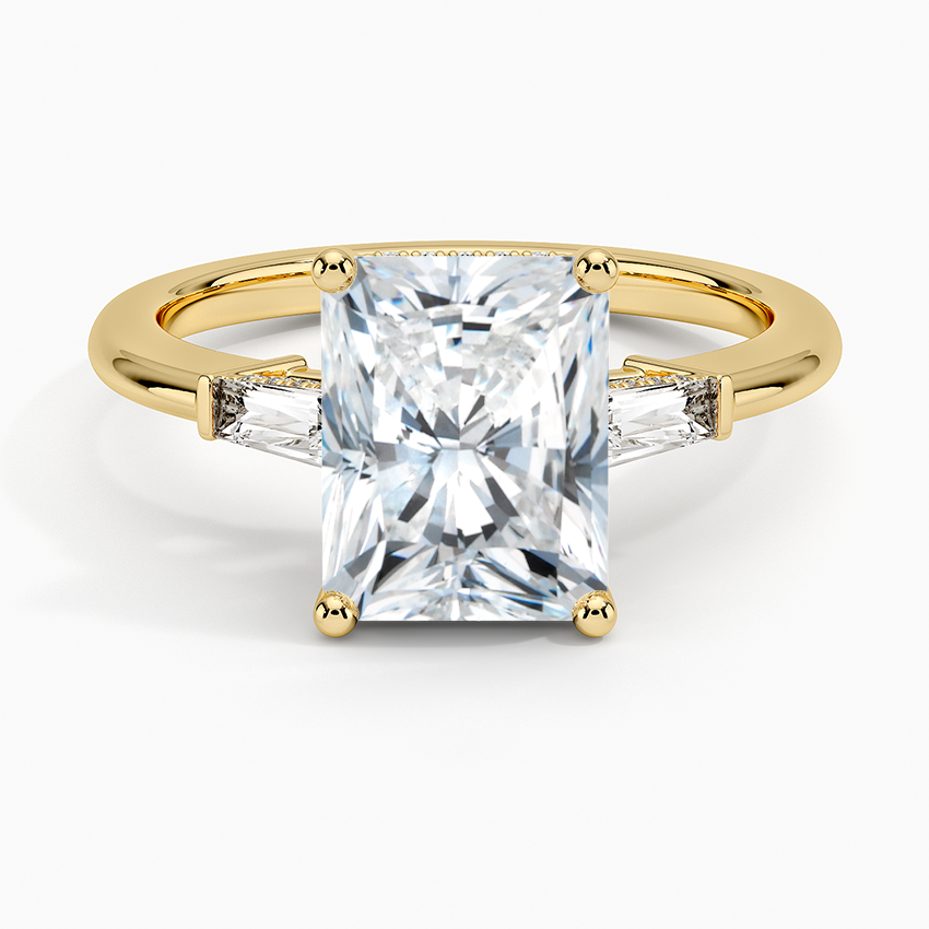 Radiant Cut Solitaire Engagement Ring with Tapered Side Stones, Elegant 3 Stone Diamond Ring