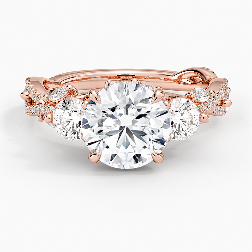 Three Stone Round Diamond Engagement Ring, Twisted Pavé Band Ring, Vintage Inspired Promise Ring