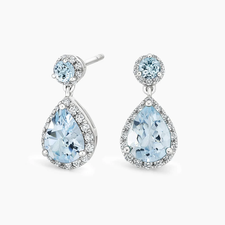 Aquamarine Drop Earrings, Pear Cut Aquamarine Halo Earrings, Diamond Dangle Earrings