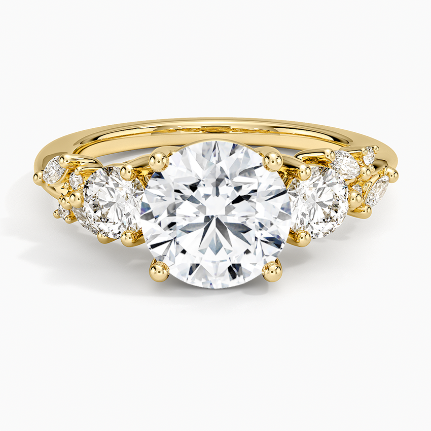 Round Cut Moissanite Three Stone Engagement Ring, Diamond Cluster Side Stones Ring, Solid Gold Bridal Ring