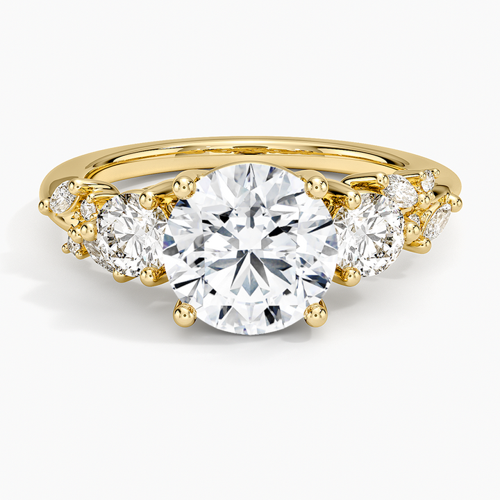Round Cut Moissanite Three Stone Engagement Ring, Diamond Cluster Side Stones Ring, Solid Gold Bridal Ring