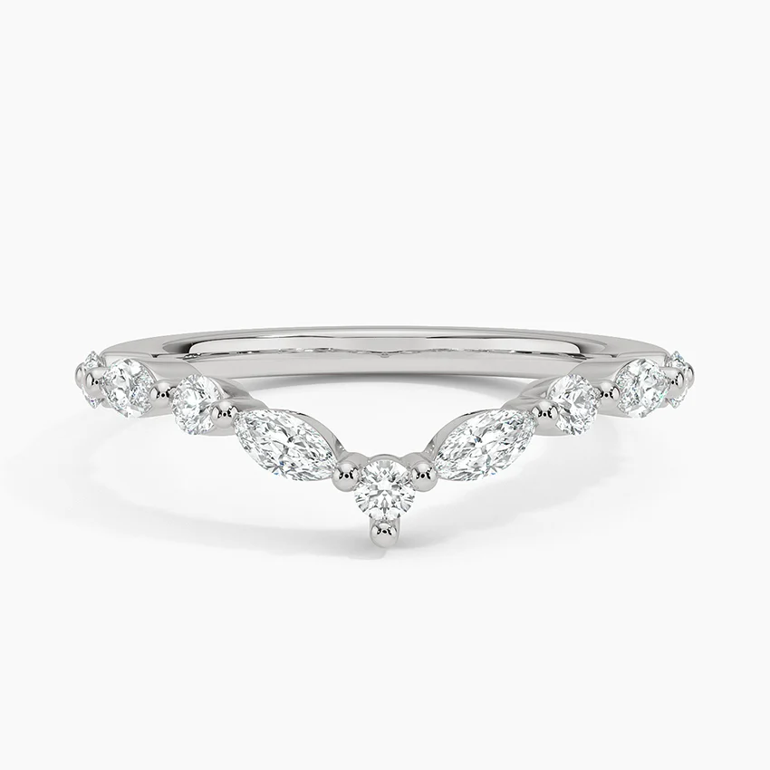 Marquise Diamond Chevron Wedding Band, Curved V Shaped Stackable Ring, Minimalist Diamond Nesting Band