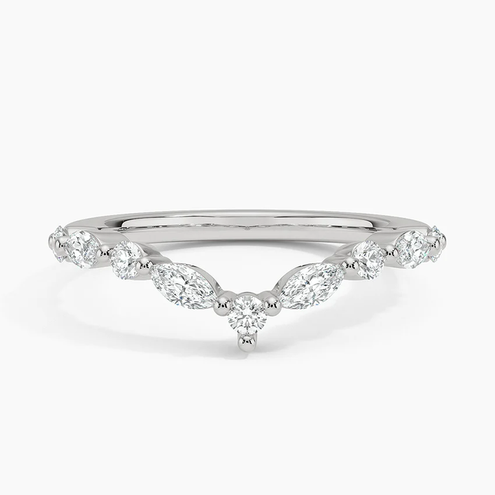 Marquise Diamond Chevron Wedding Band, Curved V Shaped Stackable Ring, Minimalist Diamond Nesting Band
