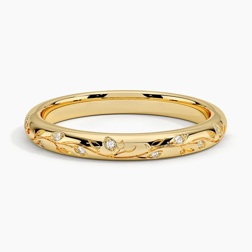 Diamond Leaf Engraved Ring, Minimalist Gold Vine Ring, Dainty Diamond Wedding Band