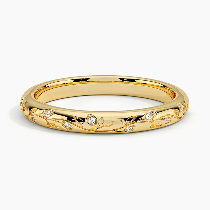 Diamond Leaf Engraved Ring, Minimalist Gold Vine Ring, Dainty Diamond Wedding Band