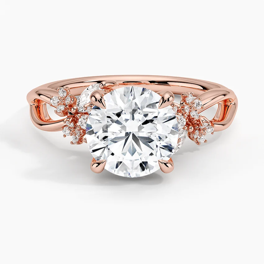 Round Cut Diamond Engagement Ring, Floral Cluster Side Stones Ring, Nature Inspired Bridal Ring