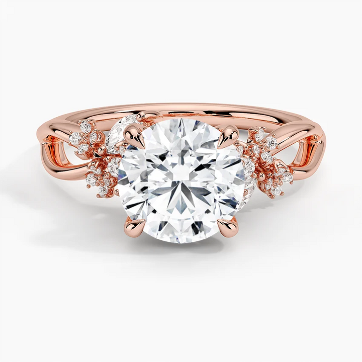 Round Cut Diamond Engagement Ring, Floral Cluster Side Stones Ring, Nature Inspired Bridal Ring
