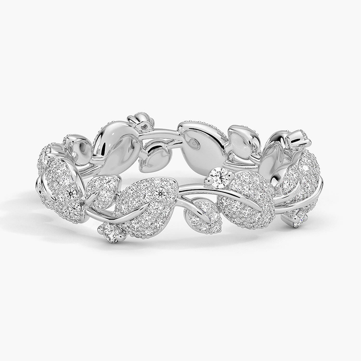 Luxury Diamond Eternity Band Ring, Pavé Leaf Vine Wedding Band, Solid Gold Anniversary Ring