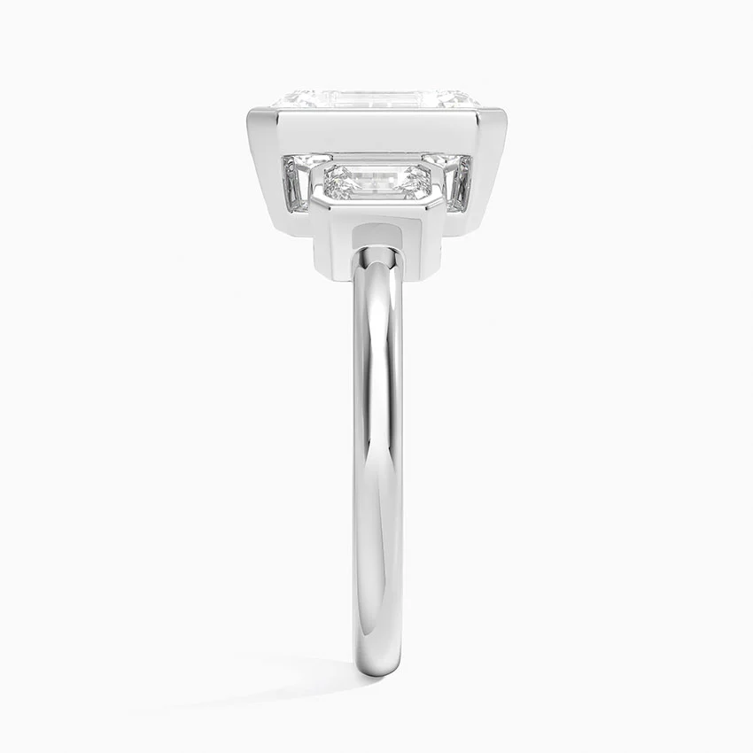 Emerald Cut Diamond Engagement Ring, Bezel Set Three Stone Ring, Step Cut Side Stones