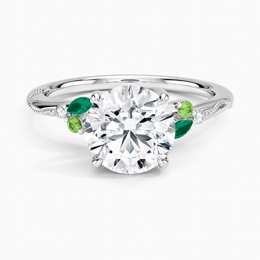 Round Cut Moissanite Engagement Ring with Green Accent Stones, Nature Inspired Leaf Design Ring, Promise Ring for Women