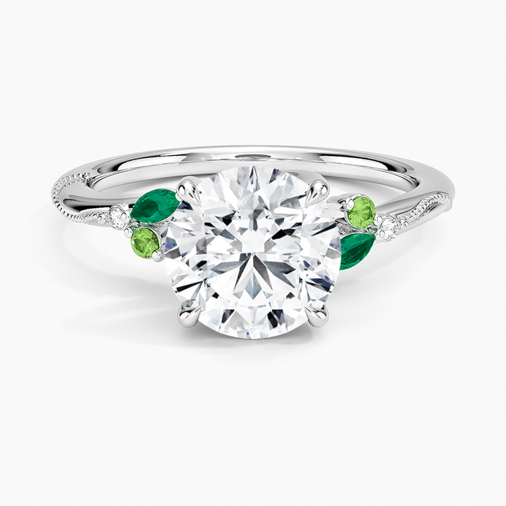 Round Cut Moissanite Engagement Ring with Green Accent Stones, Nature Inspired Leaf Design Ring, Promise Ring for Women