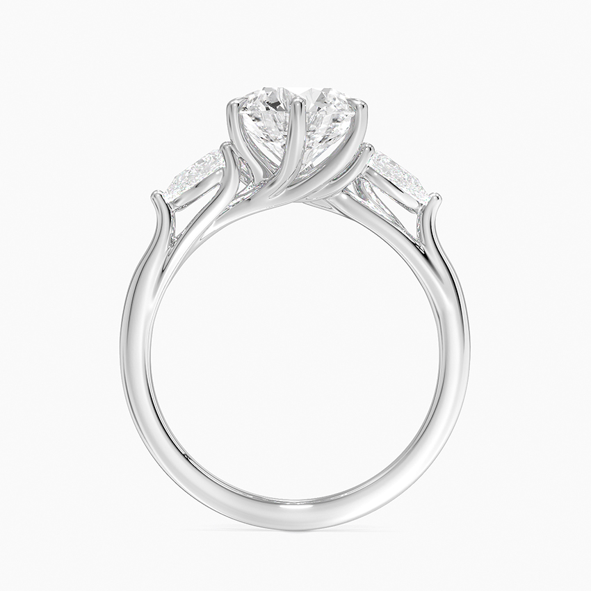 Round Cut Moissanite Engagement Ring with Pear Side Stones, 3 Stone Diamond Ring, Solid Gold Promise Ring