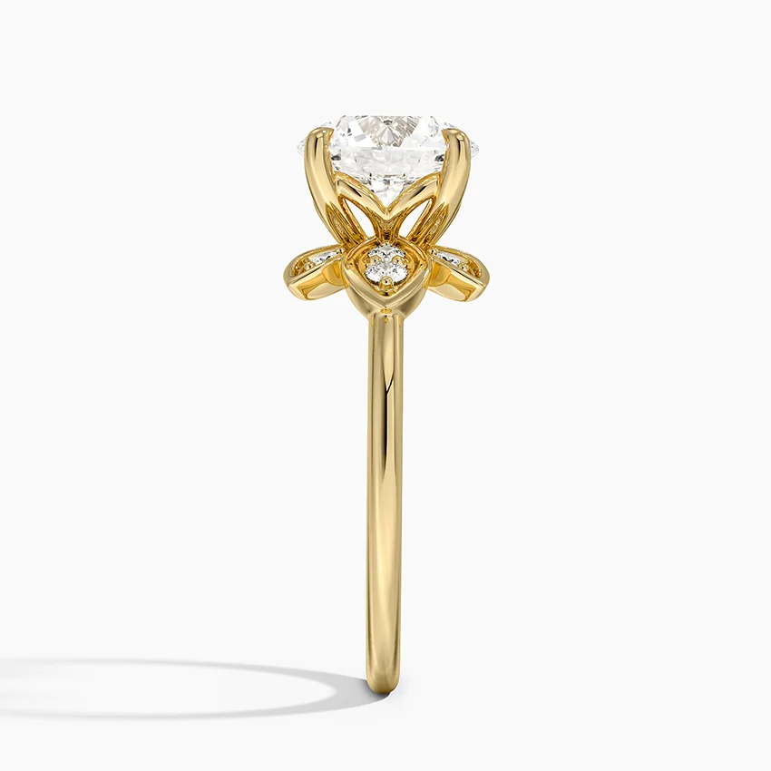 Floral Petal Diamond Engagement Ring, Round Cut Center, Nature Inspired Leaf Design