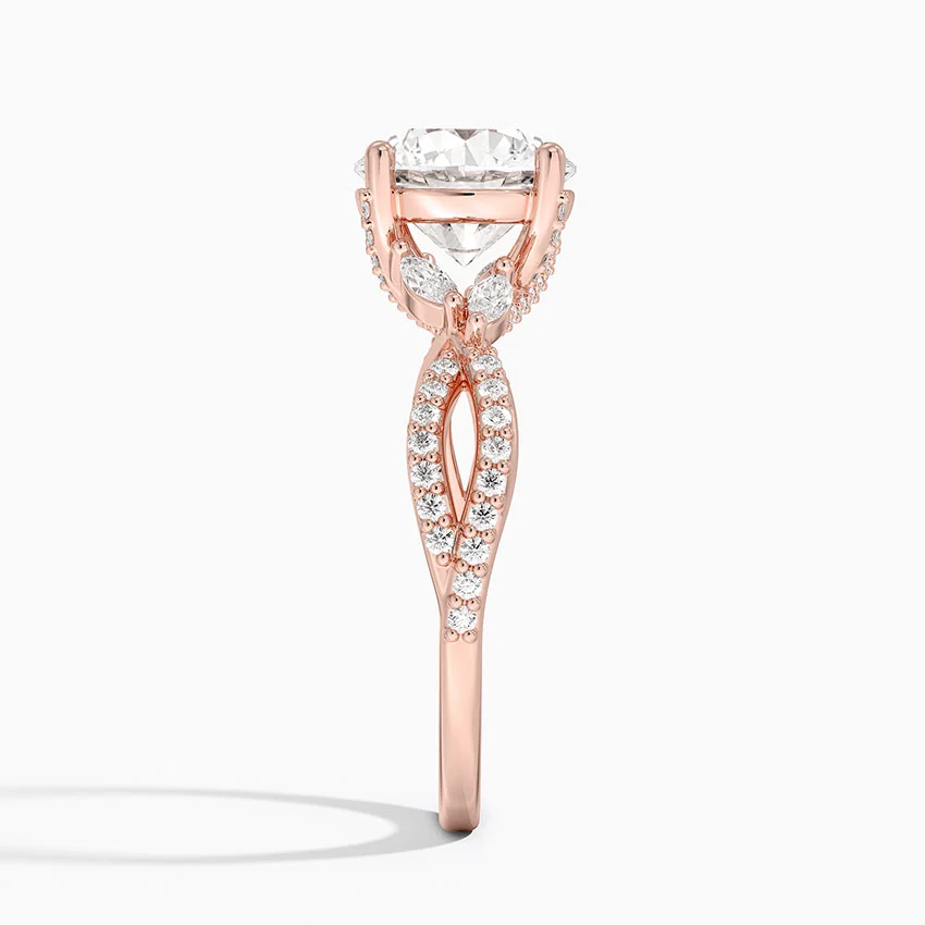 Twisted Band Round Diamond Engagement Ring, Pavé Diamond Twist Ring, Unique Bridal Ring
