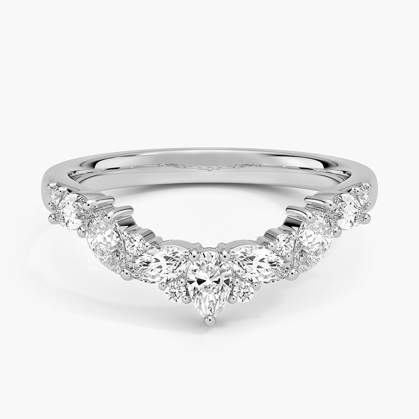 V Shape Diamond Wedding Band, Pear & Marquise Diamond Ring, Curved Stackable Band