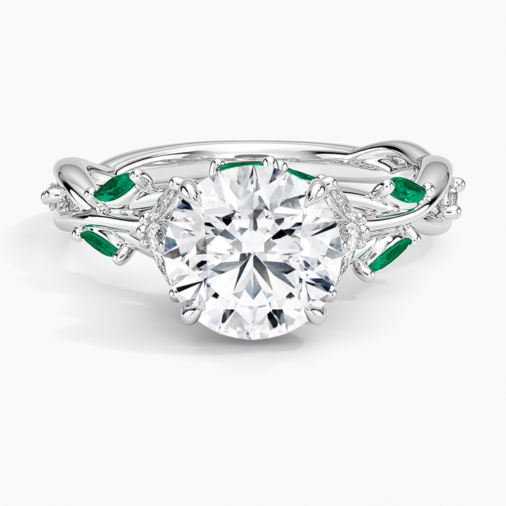 Vintage Nature Inspired Round Cut Moissanite Engagement Ring, Emerald Leaf Vine Ring, Solid Gold Floral Bridal Ring, Unique Wedding Ring