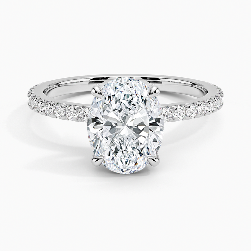 Oval Cut Diamond Engagement Ring with Pavé Band, 4-Prong Solitaire Ring, Minimalist Bridal Ring