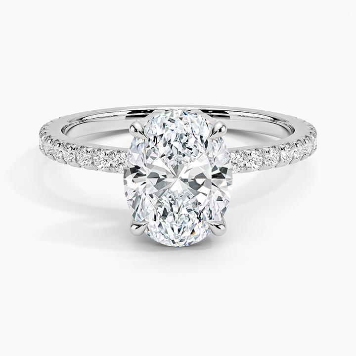 Oval Cut Diamond Engagement Ring with Pavé Band, 4-Prong Solitaire Ring, Minimalist Bridal Ring