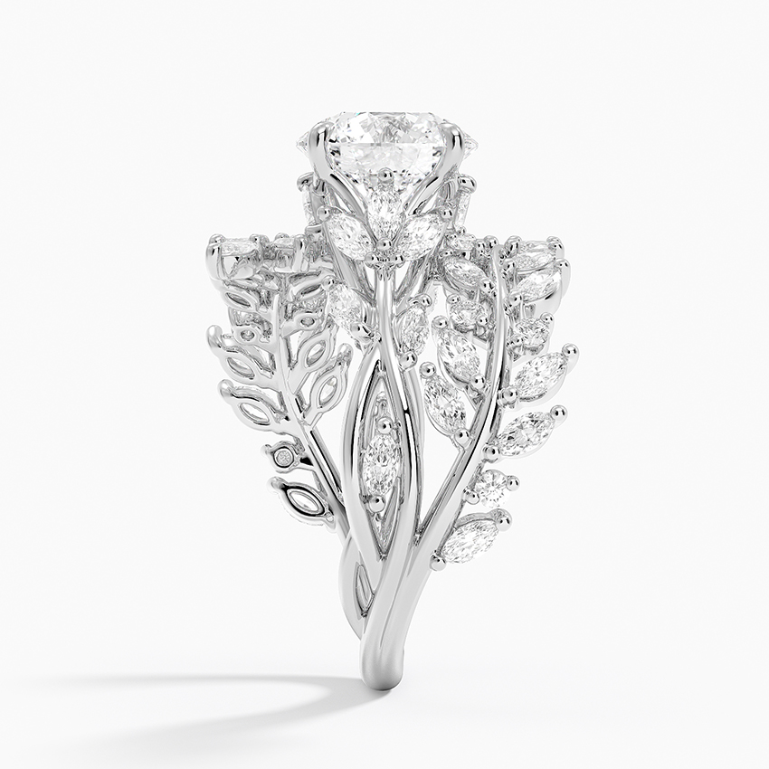 Nature-Inspired Leaf Moissanite Engagement Ring, Round Cut Center Stone with Marquise Diamond Vine Band