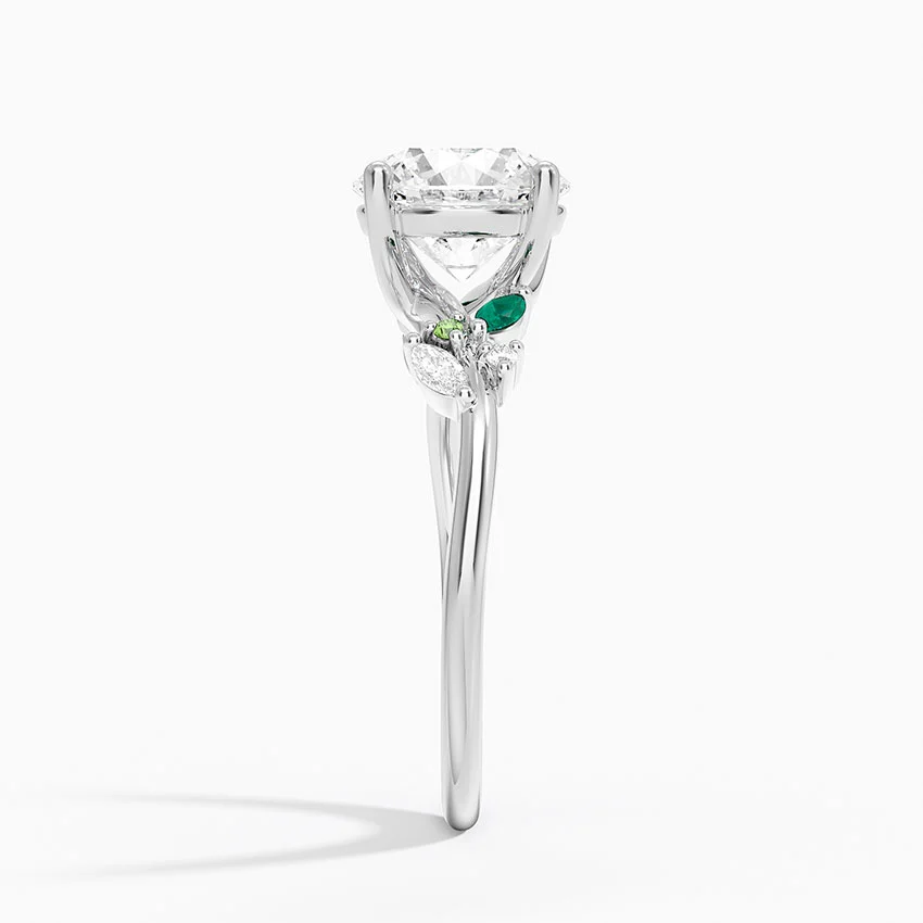 Round Cut Moissanite Engagement Ring with Emerald Leaf Side Stones, Nature Inspired Bridal Ring, Solid Gold Solitaire Ring (Copy)