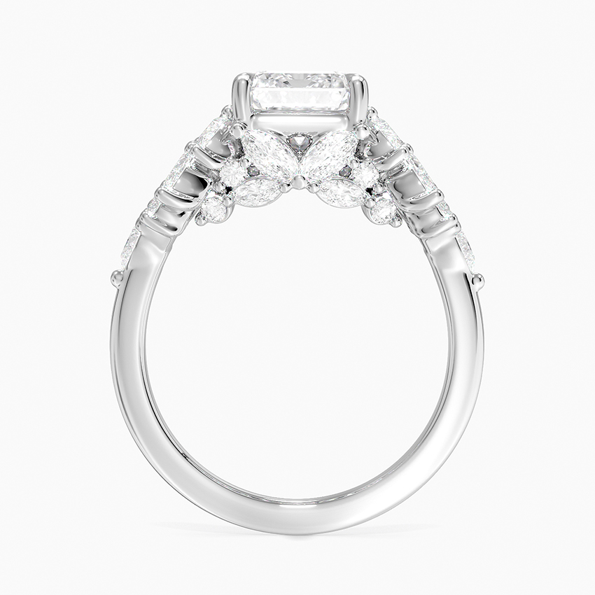 Emerald Cut Moissanite Engagement Ring, Floral Cluster Diamond Ring, Vintage Inspired Statement Ring