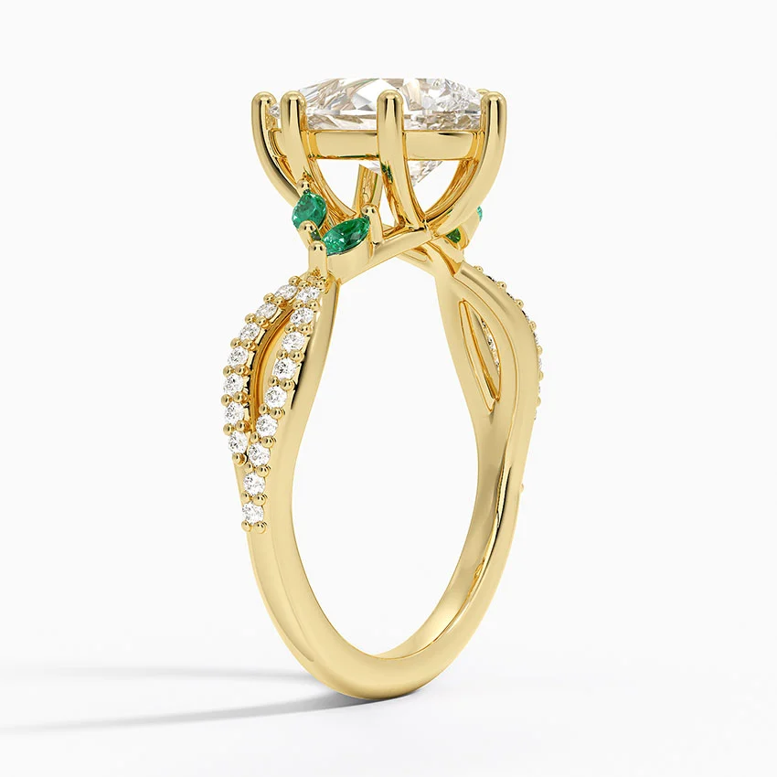 Pear Cut Moissanite Engagement Ring with Emerald Accents, Nature Inspired Leaf Ring, Split Shank Diamond Ring