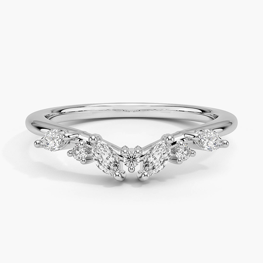 Marquise & Round Diamond Chevron Ring, Minimalist V-Shaped Wedding Band, Stackable Curved Diamond Ring